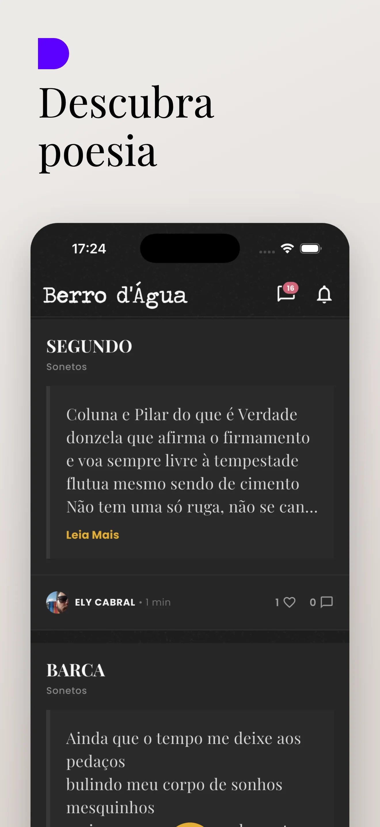 Tela do Berro d’Água com feed de leitura e textos publicados