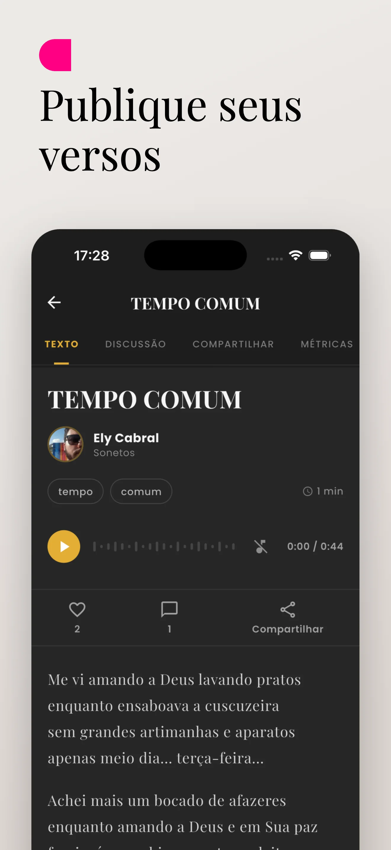 Tela do Berro d’Água exibindo um poema publicado